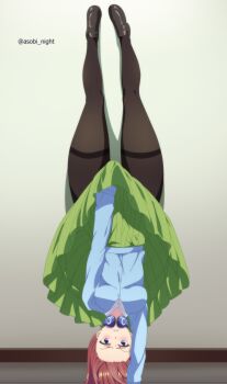 arm_support asobi_night black_pantyhose black_shoes blue_cardigan cardigan covering_crotch covering_privates go-toubun_no_hanayome green_skirt handstand headphones highres loafers lycoris_challenge_(meme) lycoris_recoil meme nakano_miku one_arm_handstand pantyhose parody red_hair scene_reference shoes skirt thick_thighs thighs twitter_username upside-down