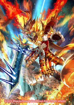 Rule 34 | 1boy, 2023, armor, assault visor, blue visor, brown gloves, brown hair, brown scarf, clothing cutout, commentary request, copyright notice, duel masters, duel masters play's, fiery hair, fingerless gloves, fire, glenmalt (duel masters), gloves, hair between eyes, highres, holding, holding weapon, japanese armor, muscular, muscular male, neko61, official art, open mouth, orange eyes, reaching, reaching towards viewer, red armor, scarf, solo, stomach cutout, teeth, weapon