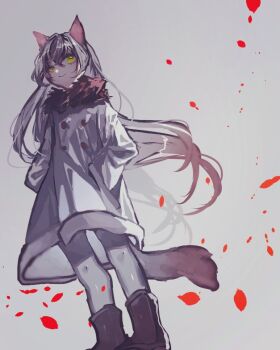 1girl animal_ears boots brown_boots cat_ears cat_girl cat_tail closed_mouth commentary_request dress full_body grey_background grey_dress grey_hair grey_pantyhose hands_in_pockets long_hair long_sleeves original pantyhose shinjitsu_no_kuchi smile solo tail yellow_eyes