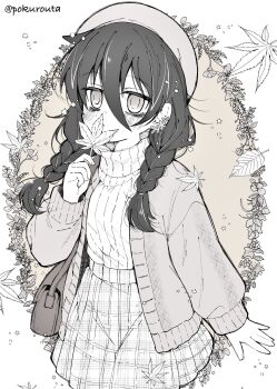1girl bag bags_under_eyes beret cardigan commentary_request covering_own_mouth earrings greyscale handbag hat highres holding holding_leaf jewelry kuroki_tomoko leaf monochrome plaid_clothes plaid_skirt pokuron ribbed_sweater skirt solo sweater turtleneck turtleneck_sweater twitter_username upper_body watashi_ga_motenai_no_wa_dou_kangaetemo_omaera_ga_warui!