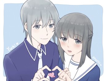 Rule 34 | 1boy, 1girl, blush, character name, commentary request, fruits basket, grey eyes, grey hair, half updo, heart, heart hands, heart hands duo, highres, konsan (shinonome root3), kuragi machi, necktie, sailor collar, school uniform, serafuku, sidelocks, sohma yuki, white necktie, white sailor collar