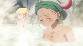 2girls amoru_(towa_no_yuugure) animated anime_screenshot blonde_hair blue_eyes blush breasts brown_eyes collarbone completely_nude dark-skinned_female dark_skin grey_hair highres large_breasts multicolored_hair multiple_girls nude onsen partially_submerged red_hair same-sex_bathing shared_bathing sound streaked_hair tagme towa_no_yuugure two-tone_hair video water yuugure_(towa_no_yuugure)