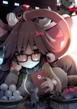 1boy 1girl apple bindi black-framed_eyewear bow bowl bracelet breasts brown_eyes brown_hair cellphone elephant_hat fate/grand_order fate_(series) food fruit ganesha_(fate) glasses grapes hair_bow holding holding_phone jewelry jinako_carigiri karna_(fate) large_breasts long_hair mouse_(animal) phone plump ring smile solo_focus tranquillianusmajor white_hair