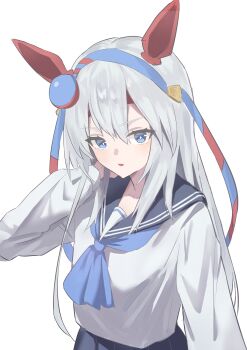 1girl absurdres alternate_costume animal_ears black_sailor_collar black_skirt blue_eyes blush commentary_request ear_covers grey_hair hair_between_eyes highres horse_ears horse_girl huyu_(user_jztp2782) long_hair long_sleeves looking_at_viewer open_mouth sailor_collar school_uniform serafuku shirt simple_background skirt solo tamamo_cross_(umamusume) umamusume upper_body white_background white_shirt