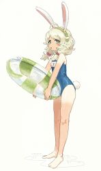 Rule 34 | 1girl, absurdres, ahoge, animal ears, bare arms, bare legs, barefoot, blonde hair, blue one-piece swimsuit, blush, commission, full body, furrification, furry, furry female, highres, holding, holding swim ring, idolmaster, idolmaster cinderella girls, innertube, looking at viewer, name tag, nendo23, old school swimsuit, one-piece swimsuit, rabbit ears, rabbit tail, school swimsuit, short twintails, solo, standing, swim ring, swimsuit, tail, tan, tanline, twintails, twitter username, yusa kozue