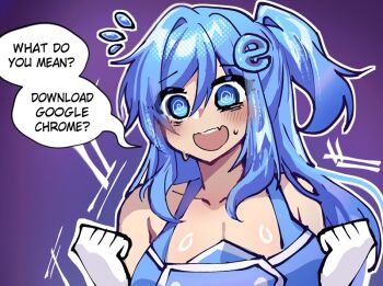 1girl @_@ bare_shoulders blue_dress blue_eyes blue_hair blush breasts cleavage clenched_hands collarbone commentary double-parted_bangs dress elbow_gloves english_commentary english_text fang flying_sweatdrops gloves hair_between_eyes hair_ornament hands_up internet_explorer internet_explorer_(merryweather) internet_explorer_(webcomic) large_breasts logo logo_hair_ornament long_hair looking_at_viewer merryweather one_side_up open_mouth osiimi personification purple_background ring_light_reflection skin_fang sleeveless sleeveless_dress smile solo speech_bubble sweat talking upper_body white_gloves