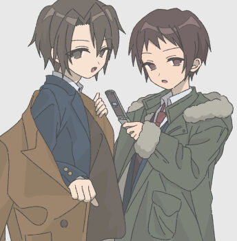Rule 34 | 2boys, :d, :o, blazer, blue jacket, brown coat, brown eyes, brown hair, cellphone, coat, collared shirt, commentary request, flip phone, fur-trimmed coat, fur trim, green coat, highres, holding, holding phone, jacket, kita high school uniform, koizumi itsuki, kyon, long sleeves, male focus, multiple boys, nanonome, necktie, open clothes, open coat, open mouth, phone, red necktie, school uniform, shirt, short hair, simple background, smile, suzumiya haruhi no yuuutsu, tongue, white background, white shirt, winter uniform