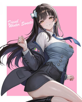 1girl absurdres ass black_boots black_jacket black_skirt blue_corset blue_necktie boots bow breasts brown_eyes brown_hair character_name collared_shirt commentary corset diesel_(nikke) diesel_(winter_sweets)_(nikke) dramz earrings goddess_of_victory:_nikke grin hair_between_eyes hair_bow highres jacket jewelry knee_boots large_breasts long_hair long_sleeves looking_at_viewer name_tag necktie off_shoulder official_alternate_costume official_artist_extra open_clothes open_jacket parted_lips pink_background plaid_clothes plaid_necktie shirt sidelocks skirt smile snowflake_earrings solo standing swept_bangs white_shirt