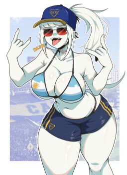 1girl \n/ argentinian_flag argentinian_flag_bikini argentinian_flag_print baseball_cap bikini bikini_top_only blue_bikini blue_hat blue_shorts boca_juniors border collarbone colored_skin double_m/ double_n/ fangs feet_out_of_frame female_focus flag_print flag_print_bikini hands_up hat highres la_albina_(tidal) leaning_forward long_hair multicolored_bikini navel open_mouth original photo_background ponytail print_bikini red-tinted_eyewear red_eyes scar scar_on_neck shorts smug solo standing striped_bikini striped_clothes sunglasses swimsuit teeth thick_thighs thighs tidal_(tidaltides) tinted_eyewear tongue tongue_out two-tone_bikini two-tone_hat two-tone_shorts upper_teeth_only white_background white_bikini white_hair white_skin wide_hips yellow_hat yellow_shorts