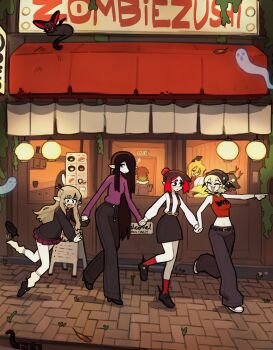 Rule 34 | 6+girls, :<, :3, :d, ?, ^ ^, absurdres, bare legs, beanie, belt, black belt, black hat, black pants, black shoes, black skirt, blonde hair, brown hair, closed eyes, clothes writing, eleanor (justadrian), fangs, ghost, hair bun, hair over one eye, hat, highres, holding hands, justadrian (yoadriandk), lantern, licorice (justadrian), loafers, long hair, long pointy ears, long sleeves, mavie (justadrian), menu board, midriff, miniskirt, mole, mole on thigh, multiple girls, open mouth, original, outdoors, pale skin, pants, paper lantern, pink shirt, pleated skirt, pointing, pointy ears, red hair, red skirt, red socks, scarlett (justadrian), shirt, shoes, short hair, skirt, smile, socks, suspender skirt, suspenders, tripping, very long hair