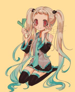 1girl aqua_hair aqua_nails aqua_necktie aqua_trim bare_shoulders black_skirt black_sleeves black_thighhighs commentary cosplay detached_sleeves english_commentary food gradient_hair grey_shirt hair_ornament hand_on_own_cheek hand_on_own_face hatsune_miku hatsune_miku_(cosplay) highres holding holding_food holding_spring_onion holding_vegetable jibaku_shounen_hanako-kun multicolored_hair necktie pleated_skirt red_eyes shirt simple_background sitting skirt smile solo spring_onion thighhighs tie_clip treebarkagain twintails vegetable vocaloid wariza watermark white_hair yashiro_nene yellow_background