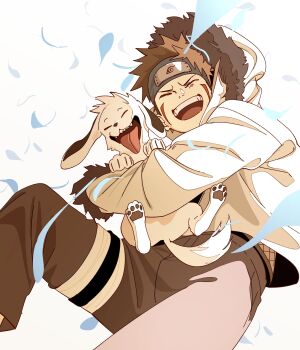 Rule 34 | 1boy, absurdres, akamaru (naruto), animal, bandaged leg, bandages, blue headband, brown hair, closed eyes, coat, dog, facial mark, falling leaves, feet out of frame, fur-trimmed coat, fur trim, furrowed brow, grey pants, headband, highres, holding, holding animal, holding dog, hood, hood up, inuzuka kiba, konohagakure symbol, laughing, leaf, male focus, naruto (series), open mouth, pants, pnpk 1013, short hair, spiked hair, tongue, tongue out, white background, white coat