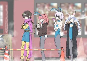 4girls ahoge animal_ear_fluff animal_ear_hairband animal_ears arm_under_breasts backpack bag belt black_coat blue_bow blue_bowtie blue_dress blue_hair blue_leotard bow bowtie braid breasts brown_bag brown_belt brown_hair brown_jacket cellphone cleavage cloak coat commentary_request cosplay crossed_arms cup disposable_cup down_jacket dragon_quest dragon_quest_iii dress fake_animal_ears from_side grey_pantyhose hairband hand_in_pocket hand_on_own_elbow henriiku_(ahemaru) hero_(dq3) hero_(dq3)_(cosplay) highres holding holding_cup holding_photo hololive jacket leotard multicolored_hair multiple_girls nekomata_okayu oozora_subaru open_clothes open_coat outdoors pants pantyhose phone photo_(object) pink_hair playboy_bunny purple_cloak queue rabbit_ears sakura_miko standing strapless strapless_leotard sunglasses traffic_cone twin_braids two-tone_hair usada_pekora virtual_youtuber white_hair white_wrist_cuffs winter_clothes winter_coat wrist_cuffs yellow_pants