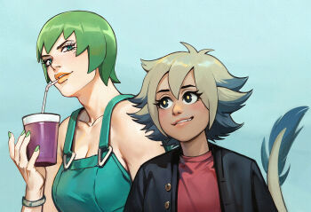 2girls adelheid_(moschiola) alternate_breast_size black_eyes black_hair black_jacket bracelet breasts brown_hair cleavage commentary crossover cup drinking_straw english_commentary foo_fighters_(jojo) green_eyes green_hair green_nails green_overalls holding holding_cup jacket jewelry jojo_no_kimyou_na_bouken large_breasts multicolored_hair multiple_girls overalls red_shirt shirt short_hair stone_ocean tail the_owl_house two-tone_hair vee_(the_owl_house)