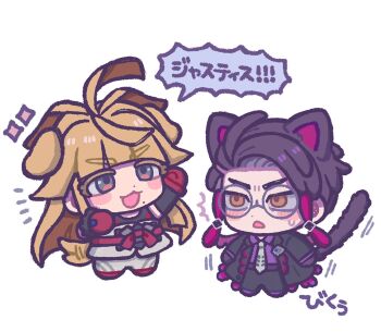 ^^^ animal_ears arms_up belt black_coat black_shirt blonde_hair blunt_bangs blush blush_stickers brown_eyes cat_boy cat_ears cat_tail chibi chibi_only coat collared_shirt colored_eyelashes corbeau_(pokemon) dog_boy dog_ears dog_tail glasses gloves ivor_(pokemon) kemonomimi_mode long_hair long_sleeves looking_at_another milkb88 motion_lines necktie nervous_sweating nintendo open_clothes open_coat open_mouth pants parted_hair pokemon pokemon_legends:_z-a purple_shirt red_belt red_gloves round_eyewear shirt shirt_tucked_in simple_background speech_bubble sweat tail tail_wagging translation_request white_background white_necktie white_pants wing_collar