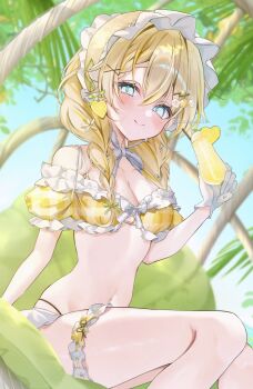 1girl bikini blonde_hair blue_eyes blue_sky blurry blurry_background blush bonnet braid breasts cleavage closed_mouth collarbone commentary flower food food-themed_hair_ornament frilled_bikini frilled_thigh_strap frills front-tie_bikini_top front-tie_top fruit gloves glowing glowing_eyes hair_flower hair_ornament highres lemon lemon_hair_ornament lemon_slice lemonade low_twin_braids mizupuruta navel original outdoors sitting sky small_breasts smile solo stomach sweat swimsuit symbol-only_commentary thigh_strap tree twin_braids twitter_username white_gloves yellow_bikini