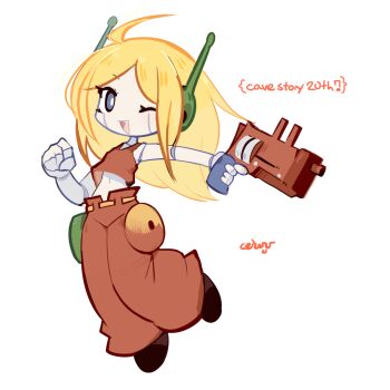 1girl :d ahoge android baggy_pants blonde_hair blue_eyes ceroro clenched_hand colored_skin commentary crop_top curly_brace doukutsu_monogatari english_commentary english_text full_body gun handgun hands_up highres joints leg_up midriff navel one_eye_closed open_mouth pants parted_bangs red_pants red_tank_top robot_ears robot_girl robot_joints signature smile solo standing standing_on_one_leg tank_top teeth upper_teeth_only weapon white_background white_skin