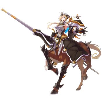 1girl animal_ears arcanadea armor blonde_hair blue_eyes breastplate centaur elena_(arcanadea) full_body hat holding holding_polearm holding_weapon horse_ears horse_tail kotobukiya lance legs_up long_hair mechanical_gloves monster_girl necomi official_art open_mouth outstretched_arm outstretched_hand polearm ponytail second-party_source shin_guards simple_background solo tachi-e tail taur transparent_background weapon