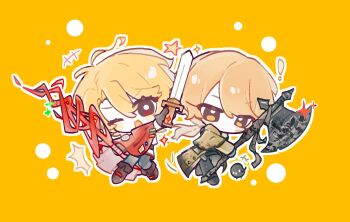 ! +++ 1boy 1girl ^^^ a_certain_sinclair_(project_moon) antenna_hair arm_up bandaged_weapon belt bird black_belt black_gloves black_pants black_shoes black_thighhighs blonde_hair bright_pupils chibi chibi_only cloak closed_mouth coat commentary_request curtained_hair don_quixote_(project_moon) full_body gloves hair_intakes halberd holding holding_polearm holding_sword holding_weapon leaning_back limbus_company long_hair long_sleeves looking_at_animal looking_at_viewer low_ponytail nzmzdxa_qwq one_eye_closed open_clothes open_coat outline pants polearm ponytail project_moon red_cloak red_eyes shirt shoes short_hair sinclair_(project_moon) spear swept_bangs sword thighhighs trench_coat undershirt weapon white_outline white_pupils white_shirt white_sleeves yellow_background yellow_coat yellow_eyes yellow_sleeves