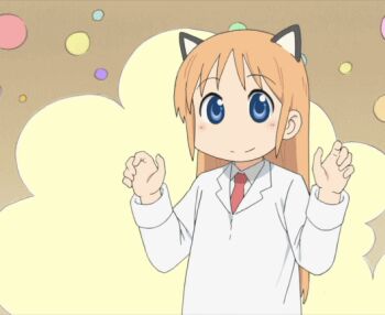 1girl ^_^ animal_ears animated animated_gif anime_screenshot blonde_hair blue_eyes blush cat_ears cat_tail child closed_eyes female_focus kemonomimi_mode lab_coat long_hair necktie nichijou no_nose non-web_source paw_pose professor_shinonome smile solo tail