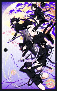 5boys absurdres animal_ears ball black_gloves black_hair black_jacket black_shoes black_shorts black_socks cat_boy cat_ears cat_tail closed_mouth gloves highres holding holding_sword holding_weapon jacket katana kazari_tayu legwear_garter long_hair long_sleeves looking_at_viewer male_focus medium_hair multiple_boys open_mouth original paw_print shoes short_hair shorts socks sword tail thigh_strap weapon white_gloves