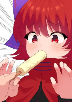 1girl 1other black_shirt bow cloak commentary_request eating emphasis_lines feeding food food_in_mouth force-feeding furrowed_brow hair_bow hands_up highres long_sleeves medium_hair popsicle popsicle_in_mouth punidayo purple_bow red_cloak red_eyes red_hair sekibanki shirt solo_focus touhou white_background