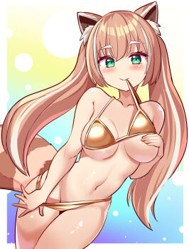 1girl animal_ear_fluff animal_ears bikini biting breasts cougar_(cougar1404) gold_bikini green_eyes hair_between_eyes indie_virtual_youtuber long_hair looking_at_viewer medium_breasts navel red_panda_ears red_panda_girl red_panda_tail simple_background solo stomach swimsuit thighs twintails virtual_youtuber yuria_of_ailurus