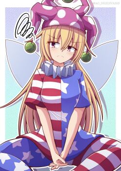 1girl american_flag_dress american_flag_legwear annoyed ao_digidiva359 blonde_hair closed_mouth clownpiece commentary drop_shadow fairy_wings feet_out_of_frame frown hat highres jester_cap long_hair neck_ruff outside_border pantyhose polka_dot purple_eyes short_sleeves sitting solo spread_legs star_(symbol) star_print striped_clothes touhou twitter_username wings