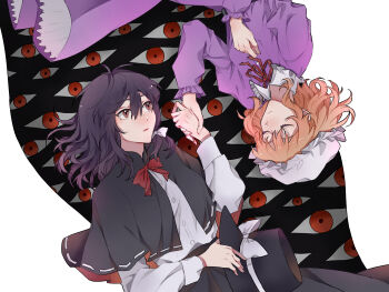 2girls black_capelet black_skirt blonde_hair bow bowtie brown_eyes brown_hair buttons capelet chinese_commentary closed_eyes commentary_request dress frilled_shirt_collar frilled_sleeves frills gap_(touhou) hair_ribbon hat hat_bow hat_ribbon hitte5416 holding holding_hands holding_unworn_clothes holding_unworn_hat maribel_hearn mob_cap multiple_girls neck_ribbon open_mouth petticoat purple_dress red_bow red_bowtie red_eyes red_ribbon ribbon ribbon-trimmed_capelet ribbon_trim shirt shirt_tucked_in skirt touhou tress_ribbon two-sided_fabric unworn_hat unworn_headwear upside-down usami_renko white_hat white_ribbon white_shirt wrist_cuffs