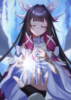 2girls absurdres black_hair closed_eyes closed_mouth columbina_(genshin_impact) commentary_request dress eye_mask feathered_wings genshin_impact glowing head_wings highres long_hair looking_at_viewer lumine_(genshin_impact) mask multicolored_hair multiple_girls outstretched_hand pink_hair pov pov_hands rin_bina sidelocks smile solo upper_body white_dress white_wings wings