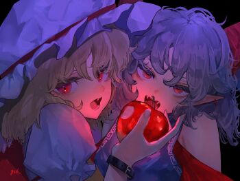 2girls absurdres apple bare_shoulders blonde_hair blue_dress blue_hair breasts commentary_request curly_hair dress earrings eneshi eyelashes fang fangs flandre_scarlet food fruit hat hat_ribbon highres holding holding_food holding_fruit horns jewelry looking_at_viewer medium_breasts mob_cap multiple_girls open_mouth pointy_ears portrait puffy_short_sleeves puffy_sleeves rectangular_pupils red_eyes red_horns red_ribbon ribbon short_hair short_sleeves signature touhou toutetsu_yuuma white_hat wrist_belt