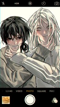 1boy 1girl :d aegyo_sal black_eyes black_hair cheek_pinching fake_phone_screenshot fake_photograph fake_screenshot flustered hair_bun hetero highres kyta_5 looking_at_another looking_at_viewer nephis_(shadow_slave) open_mouth pinching shadow_slave smile sunny_(shadow_slave) sweater upper_body white_eyes white_hair white_sweater