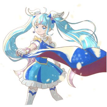 1girl blue_cape blue_dress blue_eyes blue_hair bow brooch cape cape_hold closed_mouth commentary cowboy_shot cure_sky cut_bangs detached_sleeves dress dress_bow earclip earrings fingerless_gloves frilled_dress frills fringe_trim from_behind gloves gradient_hair hair_ornament highres hirogaru_sky!_precure jewelry long_hair looking_at_viewer looking_back magical_girl multicolored_hair pink_bow pink_hair precure puffy_detached_sleeves puffy_sleeves red_cape short_dress simple_background single_earring single_sidelock sleeveless sleeveless_dress smile solo sora_harewataru standing streaked_hair thighhighs twintails two-sided_cape two-sided_fabric two-tone_dress two-tone_hair very_long_hair white_background white_dress white_gloves white_thighhighs wing_brooch wing_hair_ornament wonderful_tanaka