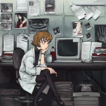 1girl absurdres blue_eyes brown_hair cigarette closed_mouth commentary computer crossed_legs english_commentary feason from_side haibara_ai highres holding holding_cigarette lab_coat laboratory meitantei_conan shirt short_hair sitting solo watch wristwatch