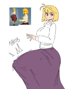 arcueid_brunestud ass blonde_hair breasts bulge commentary english_commentary erection erection_under_clothes futanari gigantic_penis hair_intakes highres huge_ass huge_breasts large_penis long_skirt melty_blood_arcueid_figure_(meme) meme penis photo-referenced picote purple_skirt short_hair sketch skirt solo sweater thick_thighs thighs tight_clothes trembling tsukihime turtleneck turtleneck_sweater twitching_penis white_sweater wide_hips