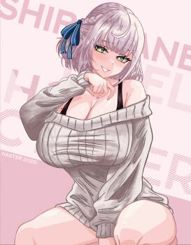 1girl ahoge alternate_costume bare_legs black_bra bra braid breasts cleavage green_eyes grey_hair grin hair_ribbon highres hololive hololive_english huge_breasts looking_at_viewer medium_hair mole mole_on_breast nasterro off_shoulder ribbon shirogane_noel single_braid smile solo sweater underwear virtual_youtuber