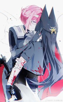 Rule 34 | 2girls, absurdres, animal ears, artist name, bandages, black gloves, black jacket, blood, bruise, bruise on arm, bruise on face, coloki, cowboy shot, eye contact, fingerless gloves, fox ears, fox girl, gloves, hand on another's cheek, hand on another's face, highres, hoshimi miyabi, injury, jacket, long hair, looking at another, military uniform, multiple girls, official alternate costume, parted lips, pink eyes, pink hair, standing, tsukishiro yanagi, yuri, zenless zone zero