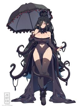 1girl bare_shoulders black_dress black_hair black_thighhighs black_umbrella breasts bridal_gauntlets cleavage clothing_cutout detached_sleeves dress frills full_body highres holding holding_umbrella jesternalagon large_breasts long_hair looking_at_viewer navel navel_cutout original parasol pointy_ears red_eyes simple_background smile solo standing tentacles thighhighs umbrella very_long_hair white_background