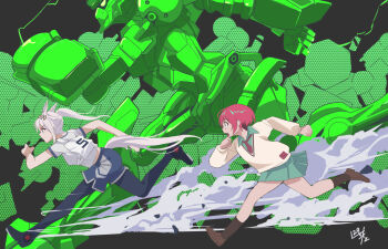 2girls amate_yuzuriha animal_ears commentary_request crossover full_body gquuuuuux gundam gundam_gquuuuuux gym_uniform hairband highres horse_ears horse_girl horse_tail loafers long_hair long_sleeves looking_at_another mecha mobile_suit multiple_girls necktie nikulas_cage oguri_cap_(umamusume) open_mouth pantyhose ponytail red_hair robot running school_uniform season_connection shoes short_hair short_sleeves signature skirt socks sweater tail umamusume umamusume:_cinderella_gray white_hair