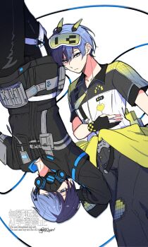 1boy aoyagi_touya black_gloves blue_hair close_game/offline_(project_sekai) closed_mouth collared_shirt commentary controller covered_mouth game_controller gloves hand_on_own_stomach heart highres long_sleeves looking_at_viewer male_focus mask mole mole_under_eye mouth_mask multicolored_hair nnhr_(7748ru) official_alternate_costume official_alternate_hairstyle partially_fingerless_gloves project_sekai shirt short_hair short_sleeves split-color_hair symbol-only_commentary twitter_username two-tone_hair watermark zipper_pull_tab