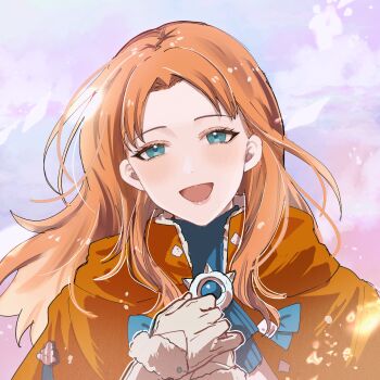 1girl annette_fantine_dominic annette_fantine_dominic_(timeskip) blue_eyes capelet commentary_request fire_emblem fire_emblem:_three_houses floating_hair fur-trimmed_sleeves fur_trim highres lips long_hair long_sleeves looking_at_viewer nintendo open_mouth orange_capelet orange_hair pink_lips smile solo tani11a