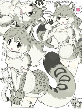 1girl :d animal_ear_fluff animal_hands animal_print apron blush chibi commentary cropped_legs dress elbow_gloves english_text gloves grey_hair hand_up heart highres leopard_print looking_at_viewer multicolored_hair multiple_views one_eye_closed open_mouth original paw_gloves print_dress print_gloves simple_background smile snow_leopard snow_leopard_ears snow_leopard_girl snow_leopard_tail spoken_heart symbol-only_commentary taonoinu thighhighs white_apron white_background white_hair white_thighhighs zettai_ryouiki
