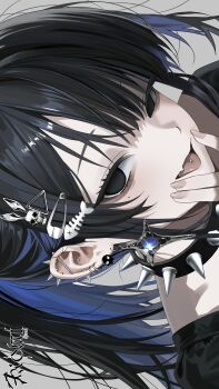 1girl absurdres black_choker black_eyes black_hair black_shirt blue_hair chiromi choker ear_piercing earrings fang goth_fashion hair_ornament hairclip highres jewelry long_hair looking_at_viewer mole mole_under_eye multicolored_hair open_mouth original piercing ponytail shirt sidelocks smile solo spiked_choker spikes tongue_piercing two-tone_hair uneven_eyes upper_body