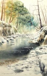 Rule 34 | bare tree, cliff, day, forest, highres, nature, no humans, original, painting (medium), plant, pond, rock, scenery, shadow, shimizu megumi (m acquerello), snow, sunlight, traditional media, tree, water, watercolor (medium)