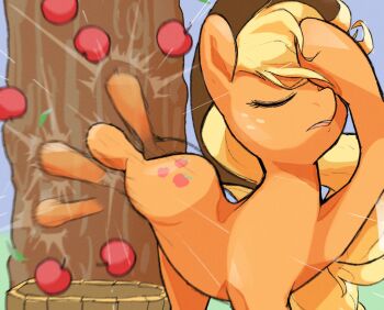 1girl adjusting_hair animal apple applejack basket blonde_hair blue_sky braid bucket closed_eyes cowboy_hat day emphasis_lines food freckles fruit hat highres horse kicking leg_up long_hair meme motion_blur motion_lines my_little_pony my_little_pony:_friendship_is_magic naoya_hitting_choso_without_looking_(meme) no_humans noupu1115 open_mouth outdoors parody rapid_punches sky solo teeth tree tree_stump