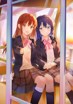 2girls absurdres adachi_sakura adachi_to_shimamura black_jacket black_socks blue_eyes blue_hair bow bowtie brown_eyes brown_hair brown_skirt closed_mouth commentary_request dusk ferris_wheel_interior highres holding_hands index_finger_raised jacket looking_at_another looking_at_viewer lrhwushang medium_hair multiple_girls open_mouth pink_bow pink_bowtie plaid_clothes plaid_skirt pleated_skirt school_uniform shimamura_hougetsu shirt skirt smile socks white_shirt yuri