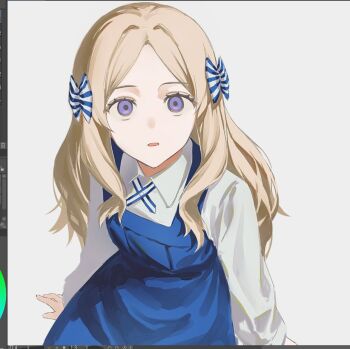 Rule 34 | 1girl, art program in frame, blonde hair, blue bow, blue overalls, bow, collared shirt, double-parted hair, fate/strange fake, fate (series), hair bow, haruri borzak, hkg4235, long sleeves, looking at viewer, multicolored bow, overalls, parted lips, shirt, sidelocks, simple background, solo, two-tone bow, white background, white bow, white shirt, wing collar