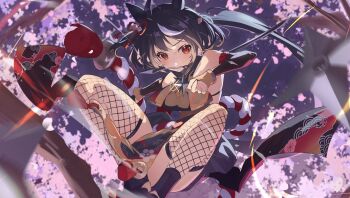 1girl absurdres alternate_costume animal_ears black_bridal_gauntlets black_hair blush breasts bridal_gauntlets cherry_blossoms fishnet_thighhighs fishnets highres holding holding_shuriken holding_weapon horse_ears horse_girl kitasan_black_(umamusume) knife_in_mouth kunai large_breasts long_hair looking_at_viewer ninja red_eyes shuriken solo squatting thighhighs two_side_up umamusume weapon yakousei_a