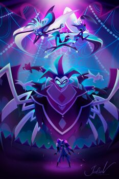 2boys 2girls absurdres clown colored_skin dark_crowl demon_girl demon_horns demon_tail demon_wings evil_grin evil_smile extra_eyes fizzarolli_(helluva_boss) glam_(helluva_boss) glitz_(helluva_boss) grin hellaverse helluva_boss highres horns jester long_hair looking_at_another looking_down mammon_(helluva_boss) multiple_boys multiple_girls ponytail purple_skin sharp_teeth silk smile spider_web tail teeth very_long_hair wings