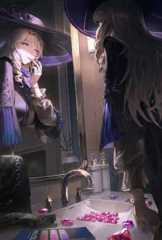 1girl applying_lipstick applying_makeup applying_own_makeup bathroom black_hat blue_eyes brown_hair commentary cosmetics cotta_(heleif) hat highres holding holding_lipstick_tube indoors jiuyuan_(nte) lipstick lipstick_tube long_hair looking_at_mirror looking_at_self makeup mirror neverness_to_everness solo table untranslatable_commentary vanity_table